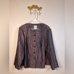 Leslie Fay Metallic Brown Textured Faux Crocodile  ButtonFront Jacket. Size 14WP